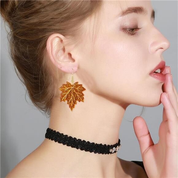 Crystal Maple Leaf Earrings | Sparkly Fall Dangle Jewelry - Picture 2 of 4